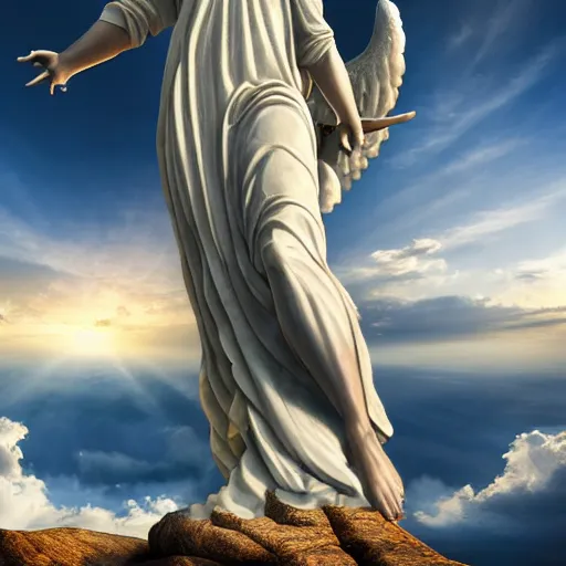 Prompt: gigantic biblical depiction of an angel towering over a vast landscape, cinematic, realistic, geometric white marble body, photorealistic, detailed, gold sky, global illumination, volumetric lighting, 8 k, god rays, beautiful, majestic clouds, soft colors, heavenly lighting