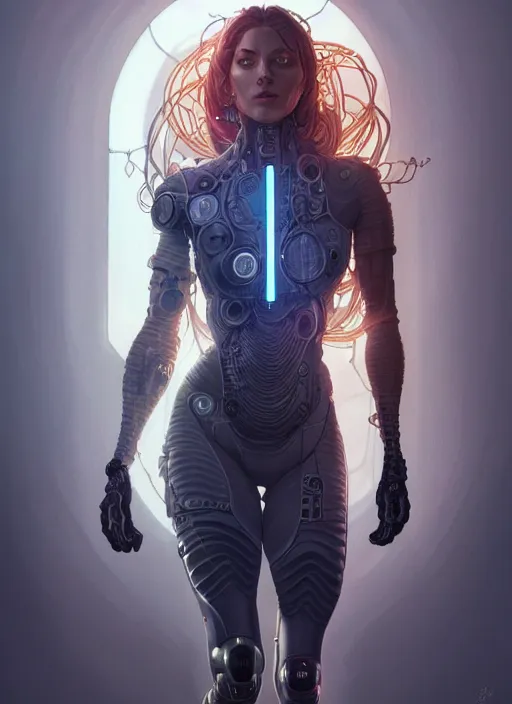 Prompt: cyborg in pencil and sleeveless turtleneck, sci - fi, highly detailed, medusa hea, wires, digital painting, artstation, concept art, smooth, sharp focus, illustration, art by artgerm and greg rutkowski and alphonse mucha