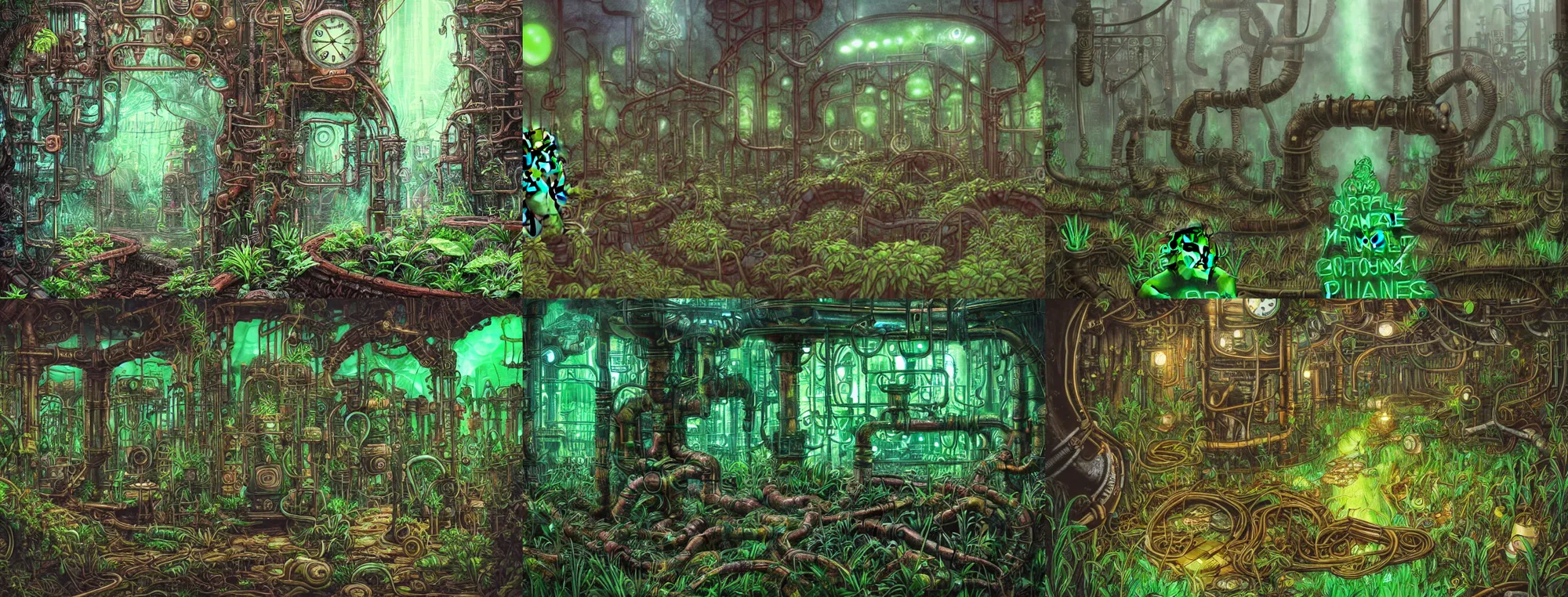 Prompt: plants growing out of old rusty pipes in an amazing maze, green neon lights, ground covered in mist, detailed steampunk illustration, shrek sits on the ground