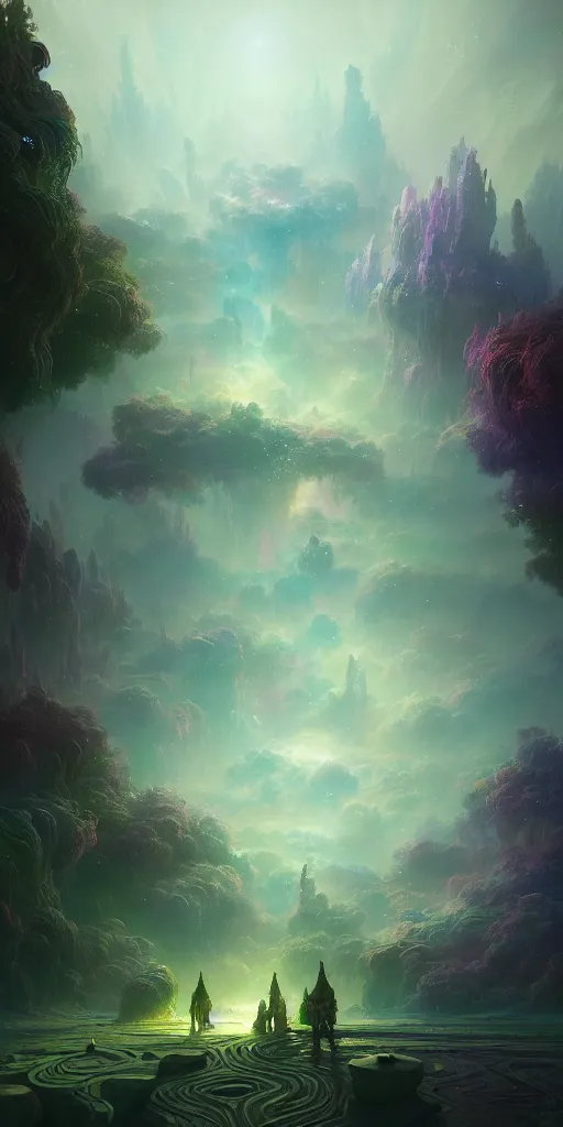 Prompt: a psychedelic realm hidden away in a pocket of ethereal understanding, astral and alien city, in the style of greg rutkowski, and wlop, and lisa frank, and bob ross, and ruan jia, illustration, epic, fantasy, hyper detailed, smooth, unreal engine, sharp focus, ray tracing