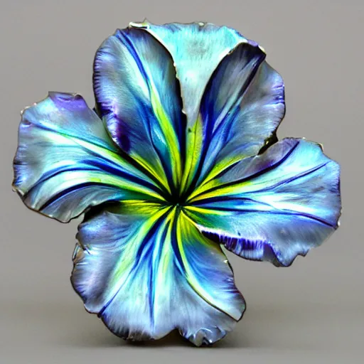 Prompt: an iris flower made of metal, cybertronic, shiny