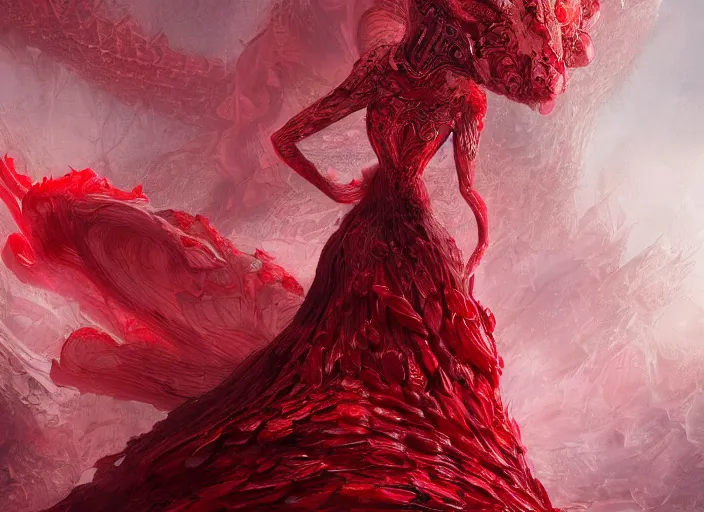 Image similar to woman in love sit upon a scarlet coloured beast, pain, royal dress, light effect, hyper detailed, intricate, elegant, highly detailed, digital painting, artstation, concept art, matte, sharp focus, illustration, by james jean, andrei riabovitchev, marc simonetti, yoshitaka amano