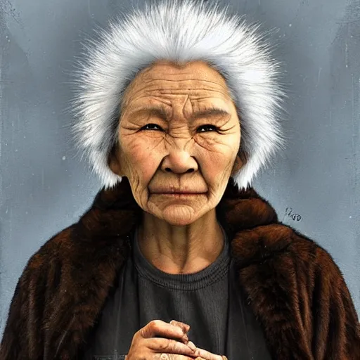 Prompt: A beautiful print of a stern looking elderly Inuit woman with short white hair and dark skin. She is wearing a traditional Inuit parka with fur trim and is holding a small carving in her hand. Her expression is one of strength and wisdom. Howl’s Moving Castle by Diego Dayer, by Dain Yoon, by Peter Andrew Jones frightful