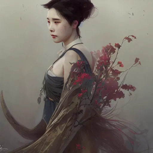 Image similar to IU, Lee Ji-Eun, very detailed, digital art, concept art, studio quality, ethereal, art style by Greg Rutkowski and Alphonse Mucha