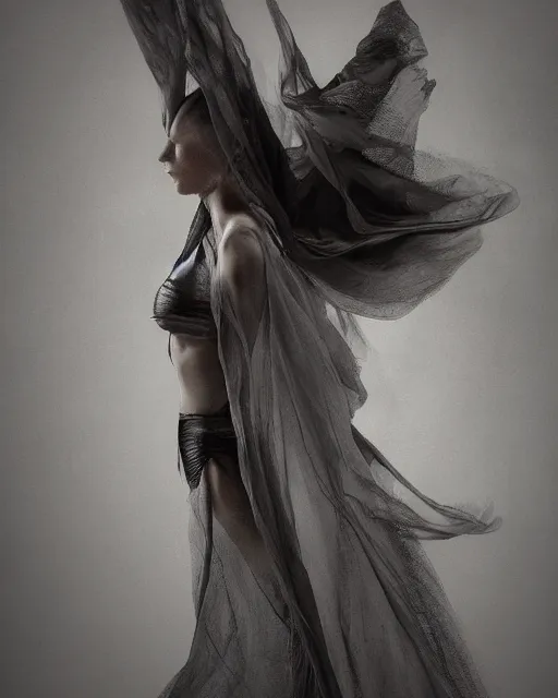 Prompt: professional concept art ethereal ghostlike valkyrie figure wrapped in dark smoke robes and silk veils by ilm, paolo roversi, nick knight, amy judd, fluid simulation in houdini, beautiful simplified form dancing with turbulent movement, dark studio background, vivid, romantic, trending on artstation, hyperrealism, matte painting, dutch golden age, fine detail, cgsociety