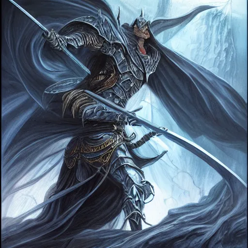 Image similar to Fingolfin duels Morgoth, Silmarillion, fantasy, concept art, high detail, artist Magali Villeneuve