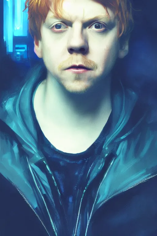 Prompt: portrait of Rupert Grint as Ron Wisly in cyberpunk, neon lighting, night city, digital art from artstation by Ruan Jia and Mandy Jurgens and Artgerm and william-adolphe bouguereau and Greg Rutkowski