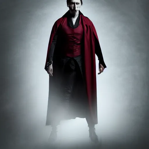 Prompt: mads mikkelsen as a vampire, male, late - 4 0 s aged, shoulder length hair, slicked black hair, red eyes, clean shaven, wearing a cape, regal, royal, grim facial expression, high medieval fantasy, full color digital art, cinematic shot, portrait, wide shot.