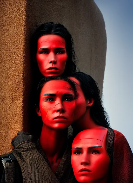 Image similar to cinestill 5 0 d photographic portrait by steve mccurry of two loving female androids wearing rugged black mesh techwear in a brutalist compound with a red sky, extreme closeup, cyberpunk style, dust storm, 8 k, hd, high resolution, 3 5 mm, f / 3 2, ultra realistic faces, ex machina