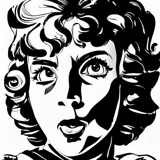 Image similar to clean simple line art of a little girl with short wavy curly hair. she is a superhero, wearing a superhero costume. white background. well composed, clean black and white line drawing, beautiful detailed face. illustration by charlie adlard and steve ditko