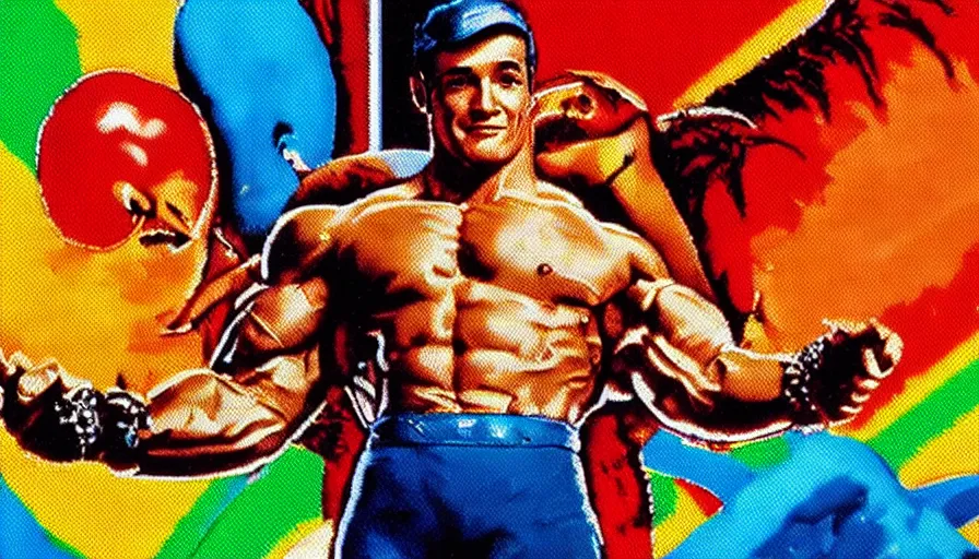 Image similar to beautiful still from retro snes arcade game featuring muscular gene kelly on steroids demanding a refund on undercooked overpriced dinosaur steak in downtown dive bar bistro, hyperreal detailed facial features and uv lighting, retro nintendo bitmap pixel art