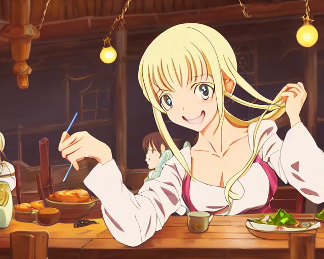 Image similar to anime visual, portrait of a young female traveler in a busy fantasy medieval tavern interior, cute face by yoh yoshinari, seven deadly sins anime, studio lighting, dynamic pose, dynamic perspective, strong silhouette, anime cels, cel shaded, slayers, in focus, rounded eyes