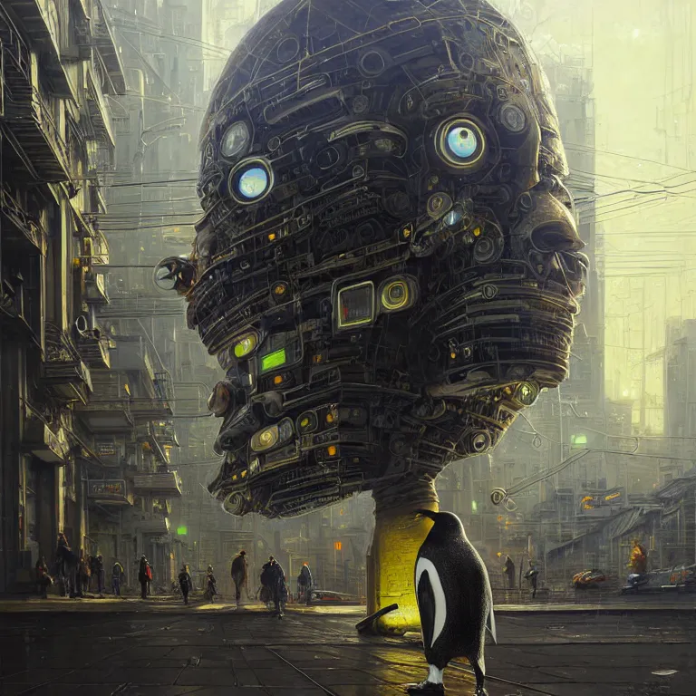 Image similar to A solarpunk very highly detailed Anthropomorphic cybertronic penguin wearing sport suit with very highly detailed face on the street of a very highly detailed solarpunk city digital rational painting art by Greg Rutkowski, sci-fi highly detailed, digital concept art, Volumetric natural light, sharp focus, Golden Ratio illustration, realistic concept art by Stephen Hickman and James Gurney and Hiromasa Ogura Ghost in the Shell rendered in VRAY, From the distance