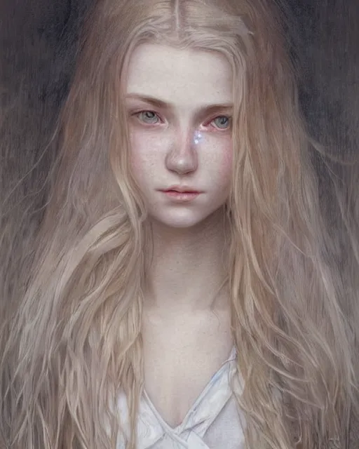 Image similar to portrait of 1 6 - year - old woman with dirty blonde hair down to her waist, pale eyebrows and protuberant silver eyes, wearing white shirt, hyper realistic face, beautiful eyes, fantasy art, in the style of greg rutkowski, intricate, alphonse mucha, hyper detailed, smooth