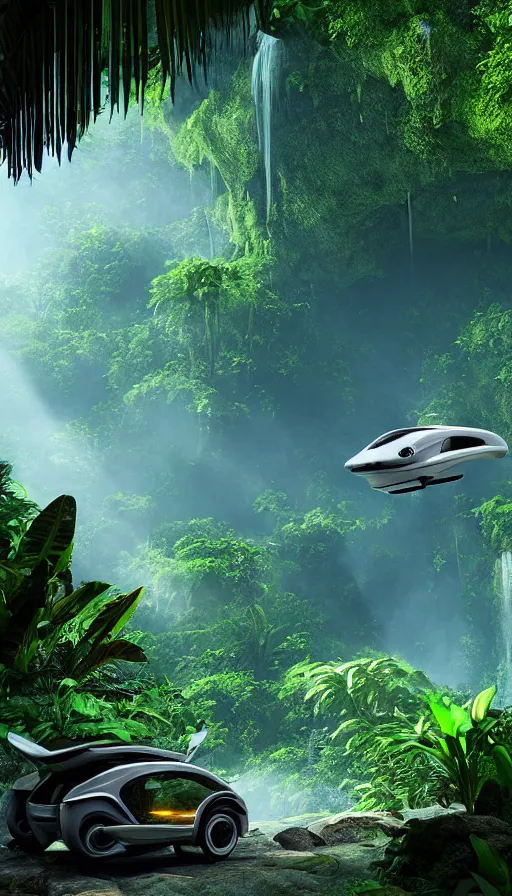 Image similar to a sci - fi flying car floating in a prehistoric jungle cave, lush flora, waterfall, sunset, hazy, volumetric lighting, rtx on, photorealistic render, unreal engine 5