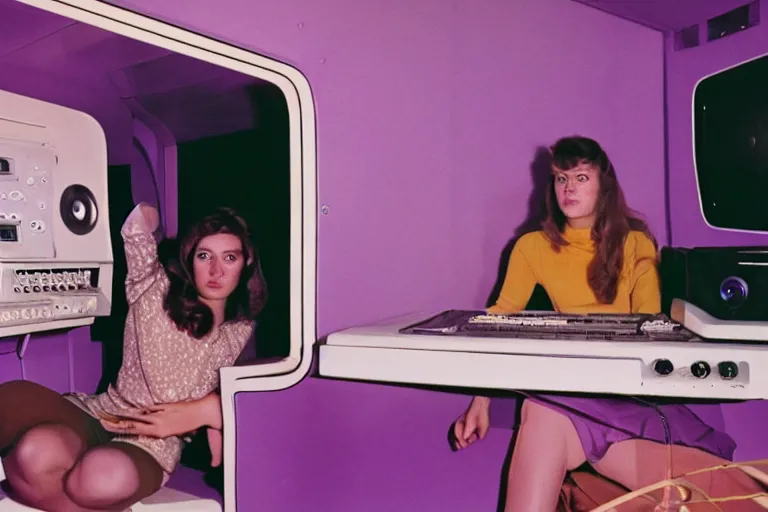 Prompt: first-person closeup view of young woman wearing discowear sitting inside of a 1970s luxury a-frame cabin with a soviet computer console on the wall and ambient lighting, large windows, an exterior of an purple evening ocean beach, ektachrome photograph, f8 aperture