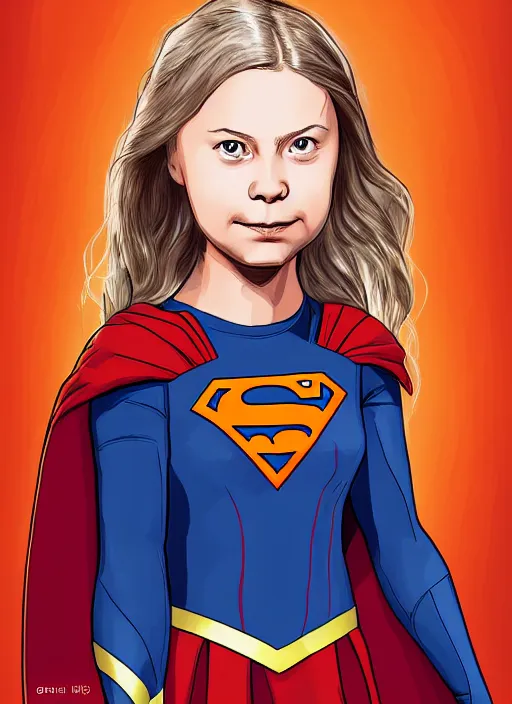 Image similar to greta thunberg as supergirl, detailed digital art, trending on Artstation
