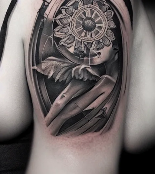 Image similar to a beautiful tattoo design, in the style of den yakovlev, hyper realistic, black and white, realism, highly detailed