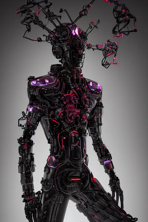 Image similar to full-body cyberpunk style sculpture of a young handsome dark god of battle, half android with a head opening exposing circuitry, glowing red eyes, black roses, flowing blood-red colored silk, fabric, candles. baroque elements, genetically augmented cyborg male. full-length view. baroque element. intricate artwork by caravaggio. Trending on artstation, octane render, cinematic lighting from the right, very very very very long curly blond hair, hyper realism, octane render, 8k, depth of field, 3D