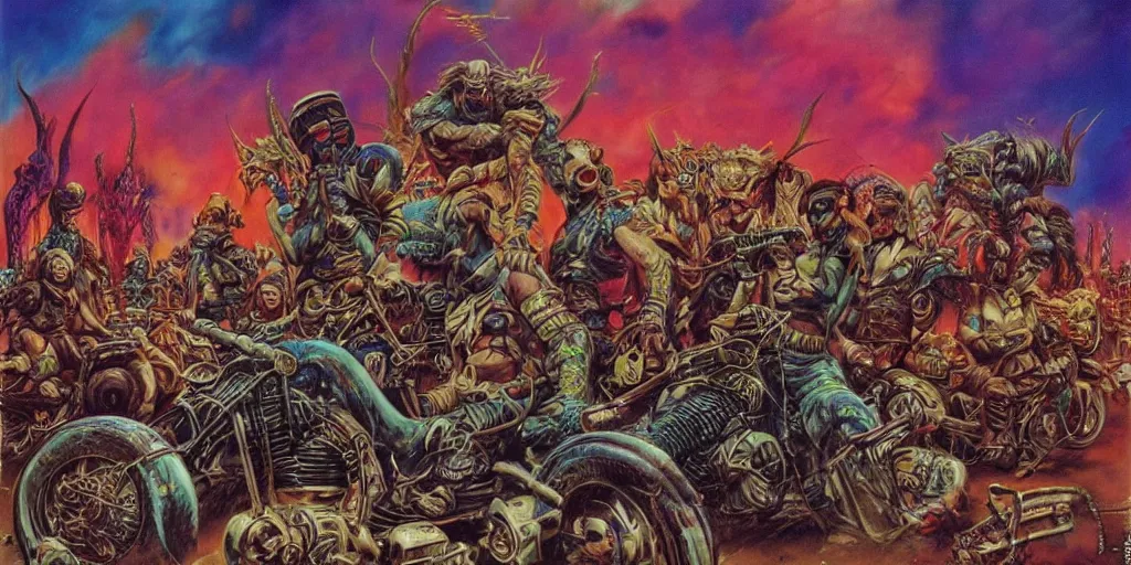 Image similar to psychedelic post apocalyptic orcish biker gang, sharp focus, psychedelic colors, boris vallejo, michael whelan, 8 k, elegant, intricate