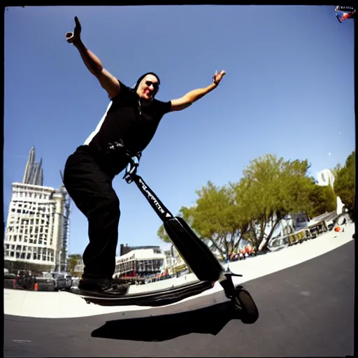 Image similar to Steven Seagal doing tricks on his razor scooter, fish-eye lens, fast shutter speed