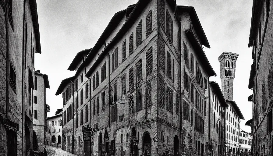 Prompt: florence old street in 1 6 th century with a tower in background, line art, black and white, dramatic lighting, cinematic composition, concept art