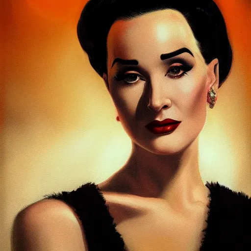 Image similar to closeup portrait of dita von teese, dramatic lighting, city background, sunset, chiaroscuro, complementary contrast high detail, painted by greg rutkowski, painted by igor kieryluk, painted by bobby chiu, trending on artstation