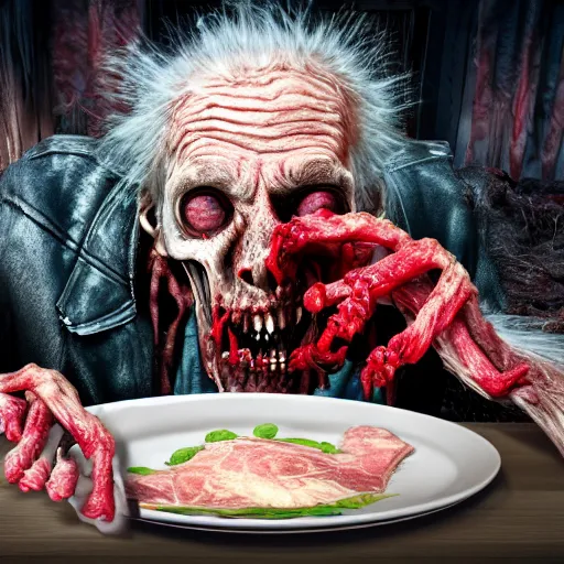 Image similar to an ultra realistic 8 k hdr photo of an elderly haggered raggedy zombie vampire eats a plate of skin and meat and blood and bones and tendons scary picture