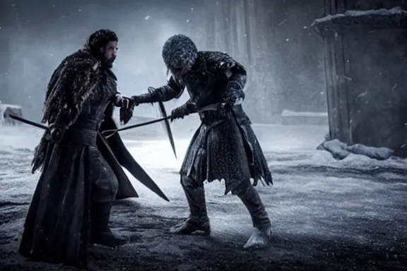 Image similar to very very intricate photorealistic photo of jon snow fighting the night king, photo is in focus with detailed atmospheric lighting, award - winning details