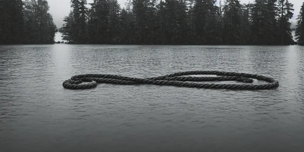 Image similar to symmetrical photograph of an infinitely long rope submerged on the surface of the water, the rope is snaking from the foreground towards the center of the lake, a dark lake on a cloudy day, trees in the background, moody, kodak colorf, anamorphic lens