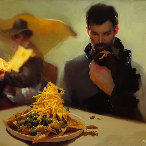 Image similar to portrait nachos with cheese and jalapeno, white background, detailed painting, epic lighting, by ilya repin, phil hale and kent williams