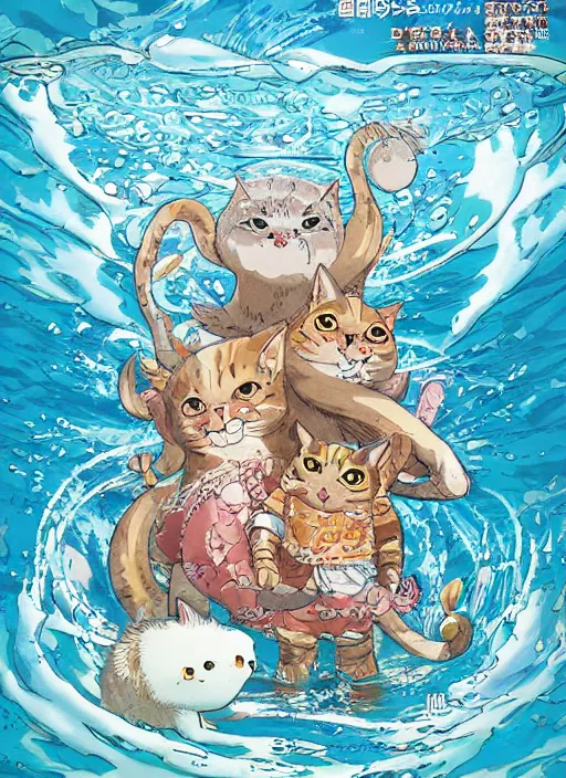 Prompt: japanese magazine cover of one giant cat in the middle of the sea illustrated by miyazaki, hiroyuki kato, keisuke goto, highly detailed, concept art, illustration art