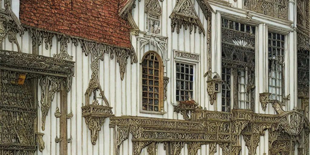 Prompt: facade of white plaster medieval timber building, fantasy matte painting, intricate elegant detailed digital painting concept art by walter crane and kay nielsen, sharp focus, warm lighting - t