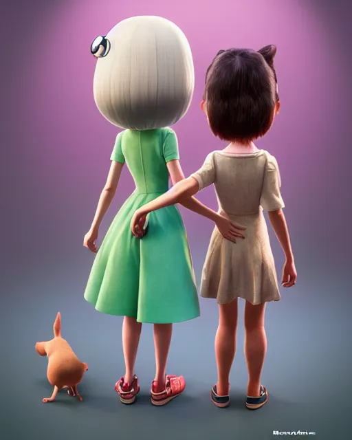 Prompt: Girl and her dog back view, isometric 3d, ultra hd, character design by Mark Ryden and Pixar and Hayao Miyazaki, unreal 5, DAZ, hyperrealistic, octane render, cosplay, RPG portrait, dynamic lighting, intricate detail, summer vibrancy, cinematic