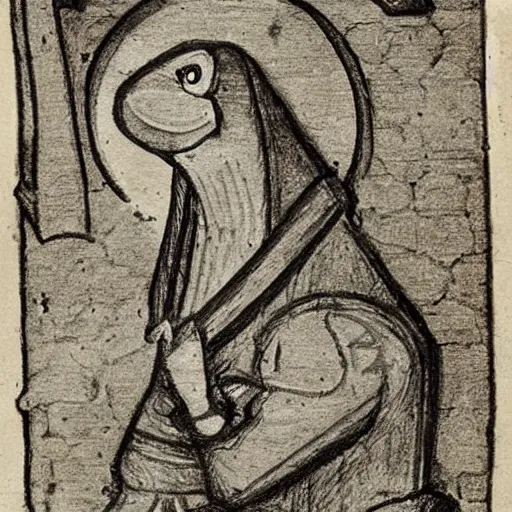 Prompt: medieval sketch of an exhausted anthropomorphic bird resting