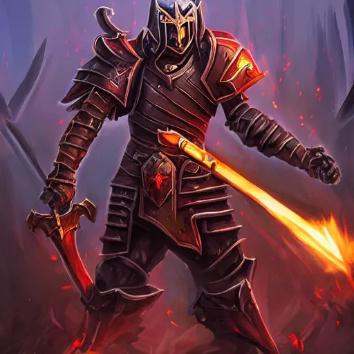 Image similar to Ares with heavy armor and sword, dark sword in Ares's hand, war theme, bloodbath battlefield, fiery battle coloring, hearthstone art style, epic fantasy style art, fantasy epic digital art, epic fantasy card game art