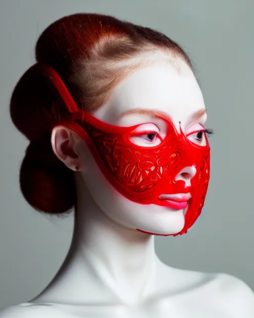 Image similar to portrait of a woman wearing a red embroidered translucent silicone mask and white frizzy hair buns, wearing a black bodysuit, cream white background, soft diffused light, biotechnology, humanoide robot, sterile light, futuristic aesthetic, translucent, ethereal, intricate details, highly detailed, masterpiece,