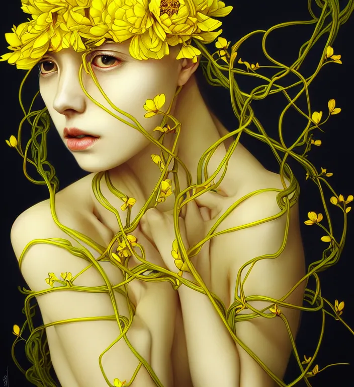 Image similar to beautiful yellow woman, symmetrical portrait, realistic, black peonies, tangled vines, rich details, by wlop and amano yoshitaka