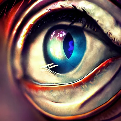 Image similar to Extreme close up of an eye, fantasy, medieval, vivid colors, elegant, concept art, sharp focus, digital art, Hyper-realistic, 4K, Unreal Engine, Highly Detailed, HD, Dramatic Lighting by Brom, trending on Artstation