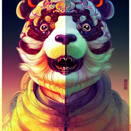 Image similar to a beautiful hyperdetailed character design 4 k wallpaper illustration of a cute panda with a chinese lion dance head victo ngai cyberpunk style, from china, style of studio ghibli, makoto shinkai, raphael lacoste, louis comfort tiffany, artgerm, james jean, ross tran, chinese style