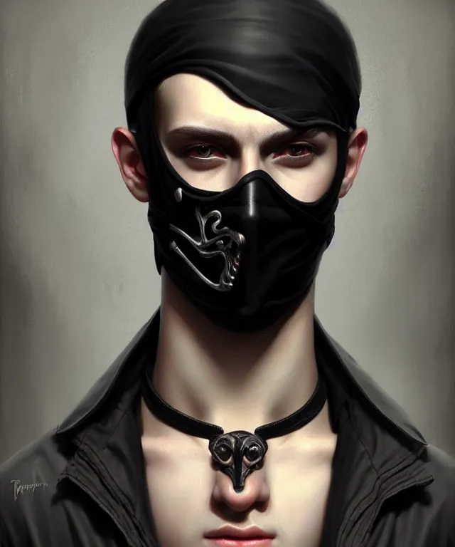 Image similar to european young man wearing black mask, beautiful face, highly detailed face!!!, true anatomy!, extremely detailed!, digital painting, unreal engine 5, art by tom bagshaw