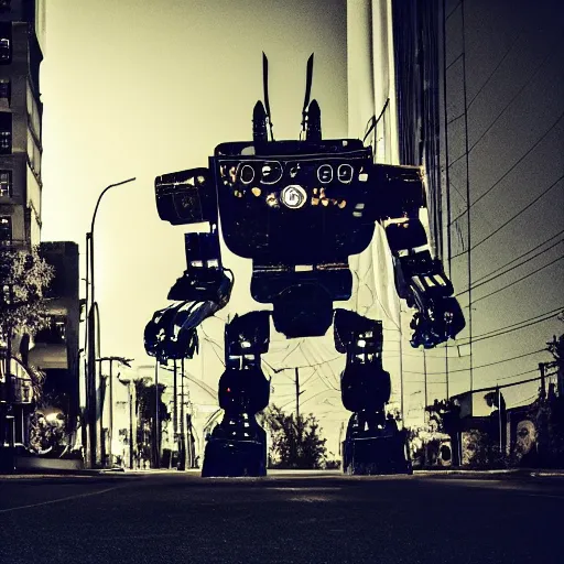 Image similar to giant robot at night, claws, humanoid, face, horror movie, stark light, dramatic lighting, evil smile, street at night, cars in the background, trash on the ground, night sky, scary, evil