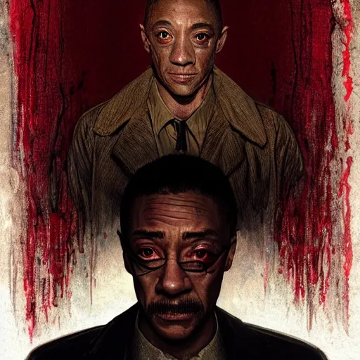 Image similar to portrait of Giancarlo Esposito as a Stranger Things villain, bloody, sinister, intricate, headshot, highly detailed, digital painting, artstation, concept art, sharp focus, illustration, art by artgerm and greg rutkowski and alphonse mucha