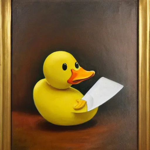 Image similar to yellow duck holding a knife, oil painting