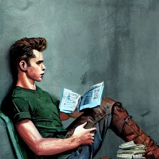 Image similar to a highly detailed epic cinematic concept art CG render digital painting artwork costume design: young James Dean as a well-kept neat anarchist rebel in 1950s green USSR mechanic outfit and big boots, reading a book. By Greg Rutkowski, Ilya Kuvshinov, WLOP, Stanley Artgerm Lau, Ruan Jia and Fenghua Zhong, trending on ArtStation, subtle muted cinematic colors, made in Maya, Blender and Photoshop, octane render, excellent composition, cinematic atmosphere, dynamic dramatic cinematic lighting, aesthetic, very inspirational, arthouse