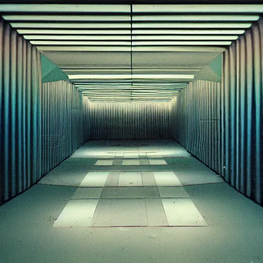 Image similar to noisy color photograph of a retrofuturist liminal space, dark pit, minimalist, cinematic, soft vintage glow