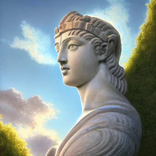 Image similar to beatiful Athena godess looking from a giant Zeus head, greek temple of olympus glory island little wood bridge painting of tower ivy plant in marble late afternoon light, wispy clouds in a blue sky, by frank lloyd wright and greg rutkowski and ruan jia