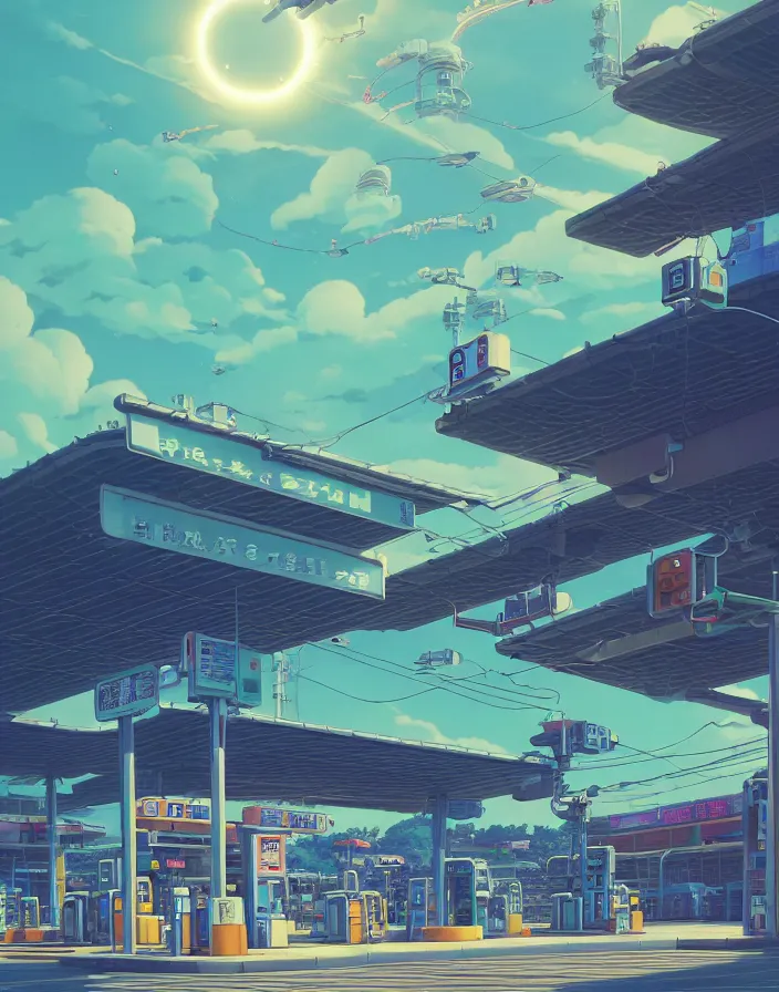 Prompt: STUDIO GHIBLI, gas station, in a flying city, solar, green technology, optimist future by Asher Durand. intricate artwork by Tooth Wu and wlop and beeple and dan mumford and greg rutkowski and nekroxiii. halo. octane render, cinematic, hyper realism, octane render, 8k, depth of field, bokeh. iridescent accents. vibrant.
