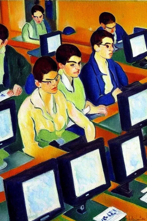 Image similar to oil painting highly detailed computer workers in office painted by henri matisse, impressionism