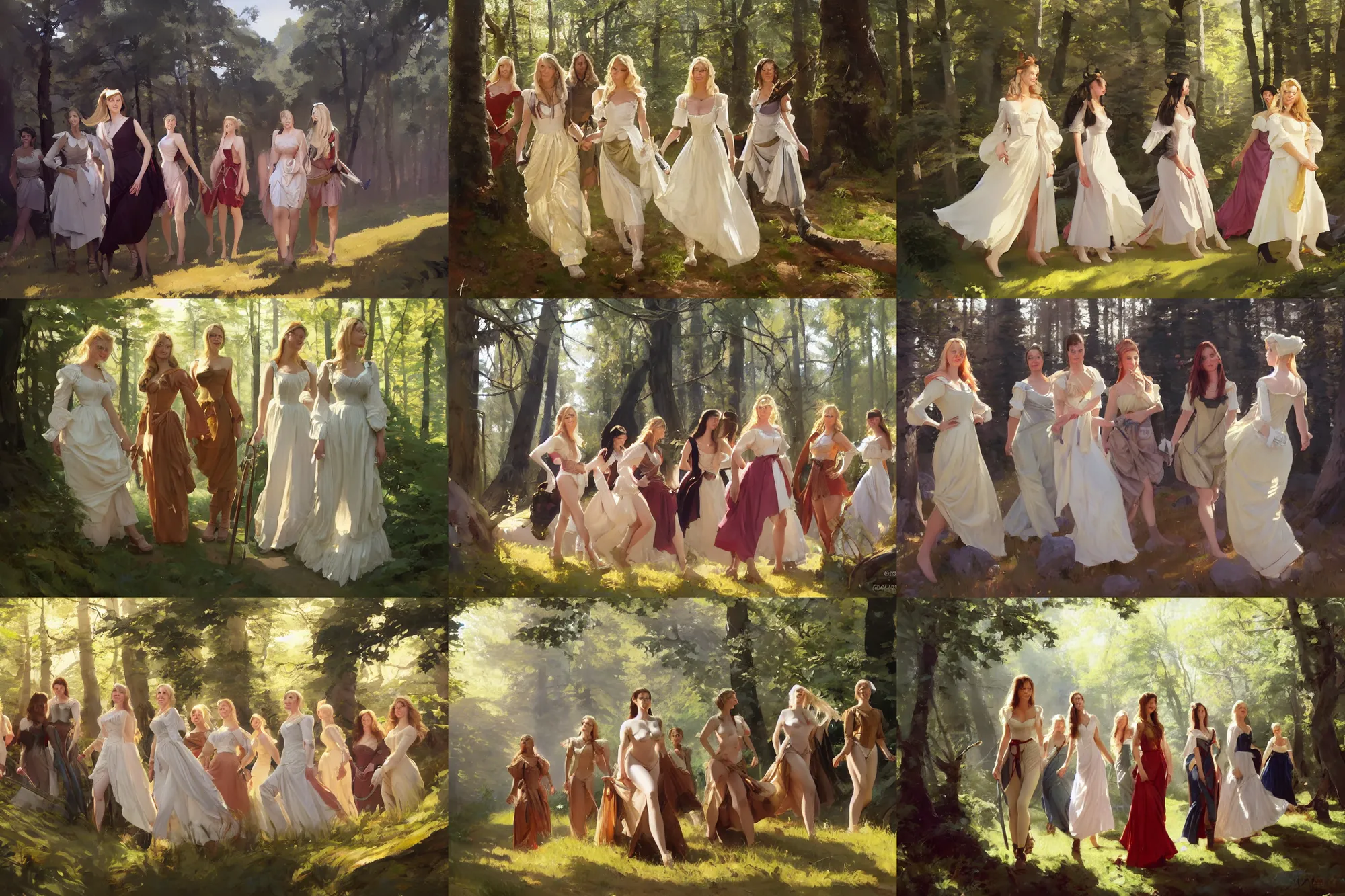 Prompt: a group of finnish norwegian swedish scandinavian attractive glamour models wearing 1 7 th century bodice with low neckline walking in the woods in a sunny day, jodhpurs greg manchess painting by sargent and leyendecker, studio ghibli fantasy medium shot asymmetrical intricate elegant matte painting illustration hearthstone, by greg rutkowski by greg tocchini by james gilleard